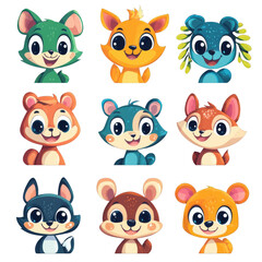 Collection of nine cute cartoon animal characters with big eyes and happy smiles on a transparent background vector Concept of childrens illustration, animation, and design