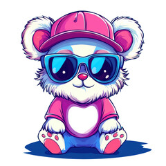 Cartoon koala wearing sunglasses and a pink cap sitting down Concept of summer vacation, cool character, and playful design