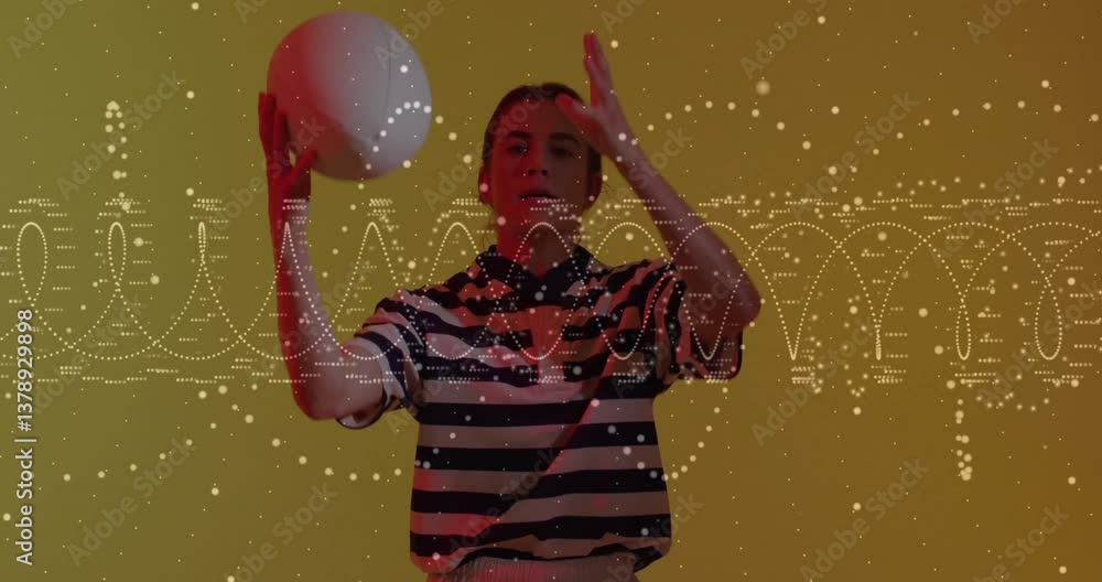 Poster holding ball with abstract wave patterns, person creating animation in school