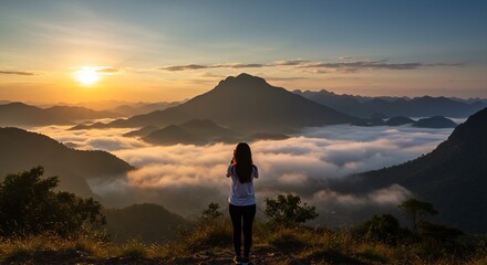 Naklejka premium Woman silhouetted against sunrise over misty mountains peaceful scenic view. AI Generated