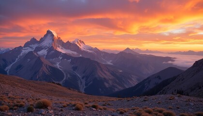 Obraz premium Stunning view of a mountain range under a vibrant sunset sky, highlighting jagged peaks and deep valleys. Golden and orange hues illuminate the majestic landscape in a serene atmosphere.