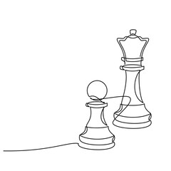 Hand drawn pawn and queen chess piece vector. One line continuous drawing. Board game illustration. Abstract linear silhouette icon. Minimal print, banner, card, wall art poster, logo, sign, symbol.