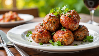 Delicious cultivated meat meatballs served elegantly on a plate, gourmet dining