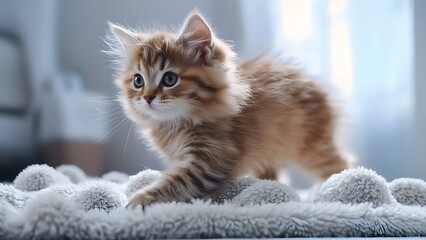 Obraz premium A fluffy, light brown kitten with bright blue eyes is exploring a soft, textured surface. Concept Fluffy Kitten Exploration, Soft Textured Surfaces, Bright Blue Eyes, Playful Animal Behavior