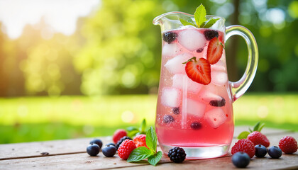 Berry-infused water in clear pitcher at outdoor picnic, refreshing hydration