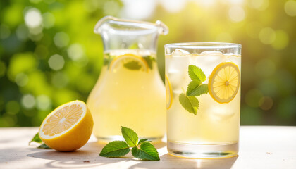 Fototapeta premium Refreshing lemonade in clear glass on sunny patio, summer vibes