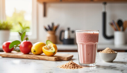 Energizing protein smoothie in vibrant kitchen setting, healthy lifestyle