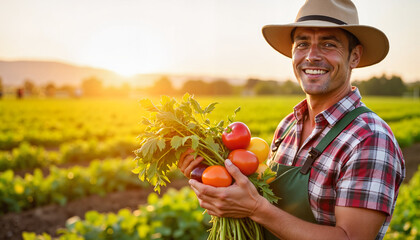Smiling farmer holding fresh produce in a golden hour field, sustainability