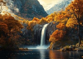 Majestic autumn waterfall in mountainous landscape surrounded by vibrant foliage and tranquil waters