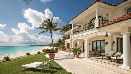 Fototapeta premium Luxury beach house rental vacation home tropical island getaway caribbean villa oceanfront property palms