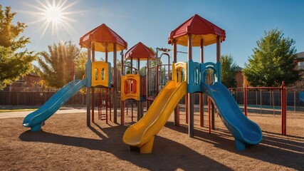 Bright sunny day at the playground featuring colorful slides and climbing structures in a community park