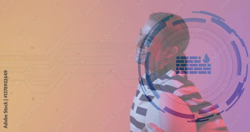 Poster digital security animation overlaying smiling person on colorful background