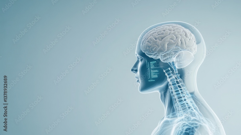 Poster a translucent human silhouette with a glowing neural network forming behind, while an ai-driven medi