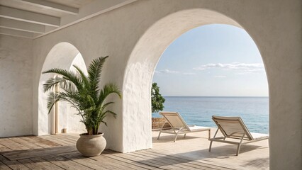 Obraz premium Luxury beach villa rental with ocean view and mediterranean architecture arches and palm tree decor