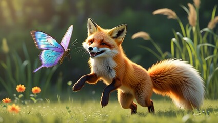 Fototapeta premium Playful Fox Encountering Butterfly in Beautiful Landscape