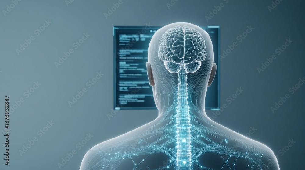 Poster a translucent human silhouette with a glowing neural network forming behind, while an ai-driven medi