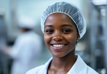 A joyful Black woman wearing a hairnet and white uniform in a clean kitchen, showcasing her cheerful demeanor while working