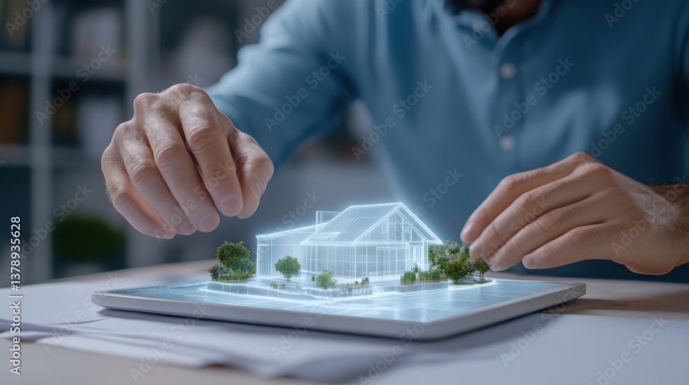 Poster an architect using an ai-powered holographic tablet to visualize and adjust a futuristic home interi