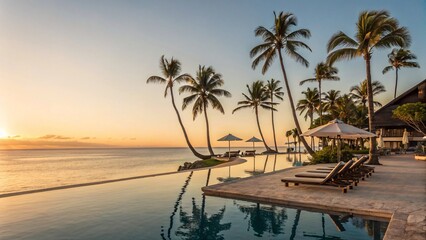 Luxury tropical resort vacation with infinity pool, palm trees, and ocean sunset views for travel planning