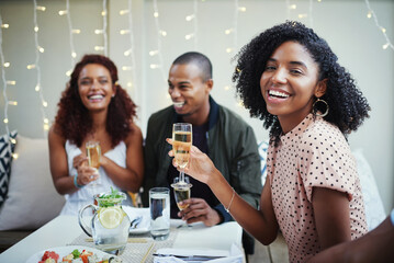 Friends, champagne and woman laugh at party with celebration and event from engagement...