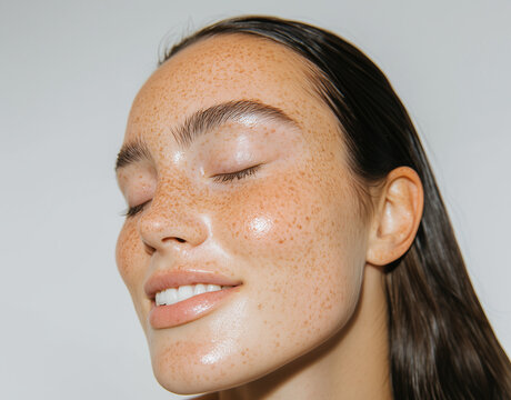close up portrait of a young woman girl model clean aesthetic skincare glowing skin blue eyes lip filler full lips white background	 freckles and fluffy brows fresh clean aesthetic brunette clean skin