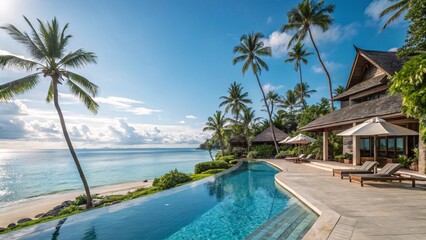 Luxury oceanfront villa with infinity pool and palm trees for tropical vacation rentals and travel guides