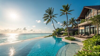 Fototapeta premium Luxury beach resort vacation rental with infinity pool and palm trees perfect for summer getaway ideas