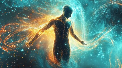 Humanoid-like glowing shapes emerging from translucent water vortexes