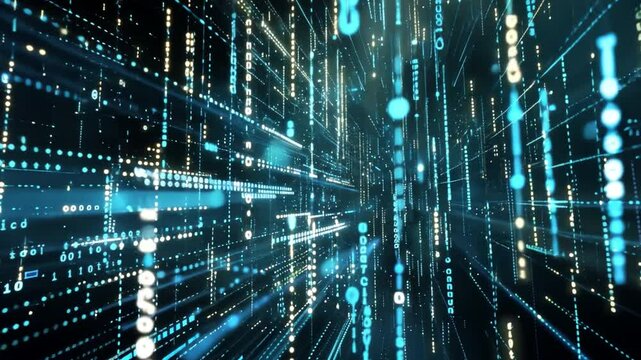 Futuristic Digital Data Streams Mesmerizing Glowing Particles and Binary Code Create Dynamic Depth in Abstract Technology Landscape