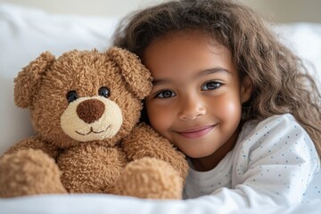 A joyful child cuddling a teddy bear, embodying warmth, innocence, and childhood happiness in a cozy environment.