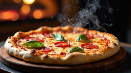 Fresh hot pizza with toppings and basil leaves served on wooden board on dark background.