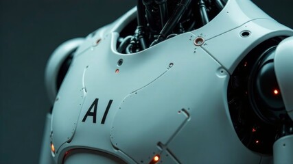 Close-up of futuristic humanoid robot torso with AI label and white armor suit.
