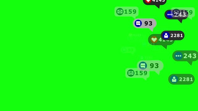 Incoming message, heart react and contact icon animated on a green screen background. 4K Social Media Engagement Visual.