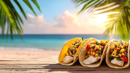 Obraz premium Three colorful fish tacos filled with corn, salsa, and greens, set against a beach and ocean backdrop. Concept Colorful Fish Tacos, Beach Picnic Vibes, Fresh Ingredients, Ocean Backdrop