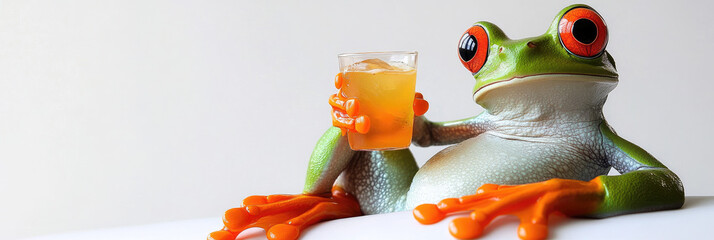 Close-up funny red-eyed tree frog holding glass of water with its orange webbed fingers,surreal anthropomorphic concept, clean minimal background.Animal humor hydration theme.banner,copy space,mockup