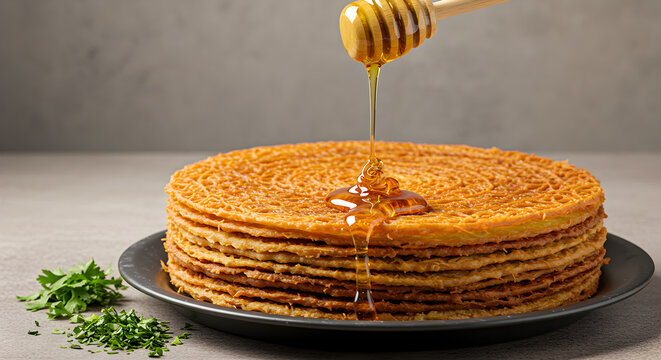 Stack of Yemeni Malawach drizzled with golden honey for a sweet indulgence