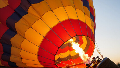 Vibrant hot air balloon inflating before takeoff, morning adventure