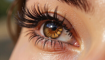 Naklejka premium Dramatic close-up of perfectly curled lashes, summer beauty symbol