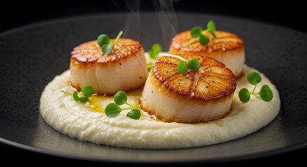 Seared scallops elegantly arranged atop creamy cauliflower puree and fresh microgreens