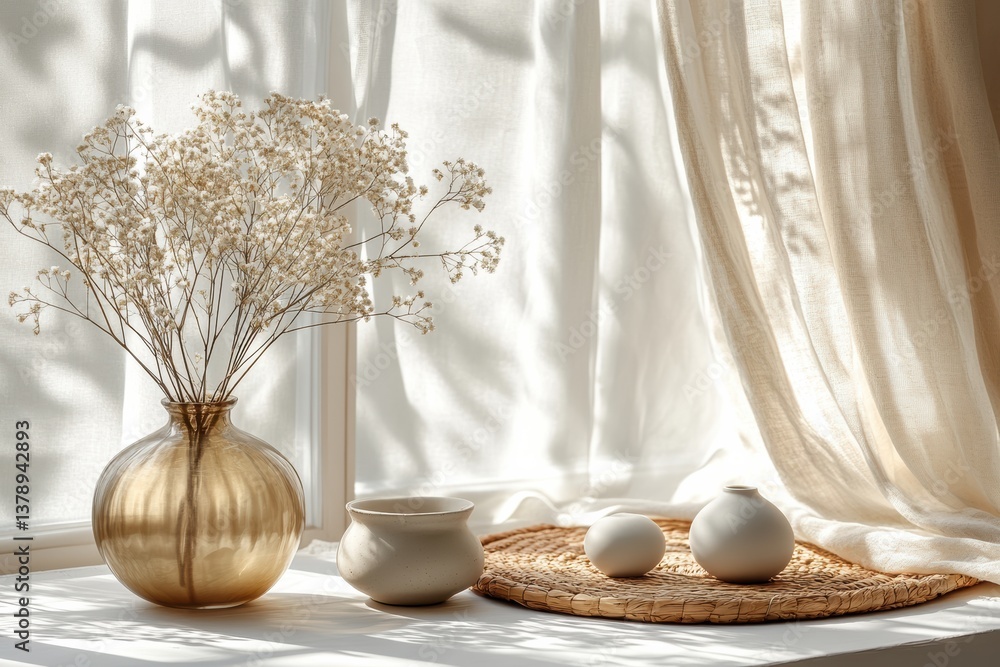 Poster a serene interior scene with dried flowers in a vase and simple pottery, illuminated by soft natural