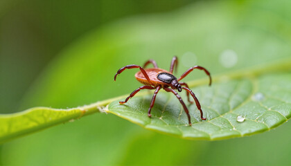 Fototapeta premium Magnified tick crawling on green leaf, springtime insect symbolism