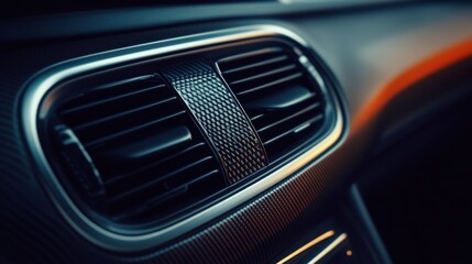 Luxury car interior focusing on a sleek, high-end air conditioning vent, soft ambient lighting