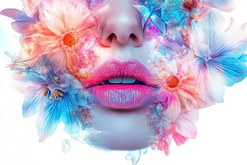 A woman's face artfully blended with vibrant, colorful flowers, creating a surreal and beautiful image.