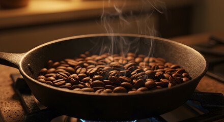 Artisanal coffee beans roasting in a rustic cast iron pan on a stovetop
