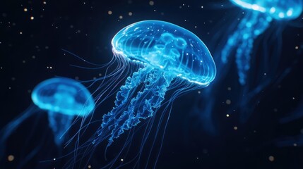 Captivating cinematic night scene: Bioluminescent jellyfish drifting in the deep ocean abyss