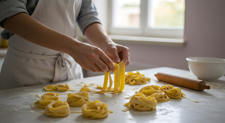 Artisan pasta making: A chef lovingly crafting traditional pasta nests by hand