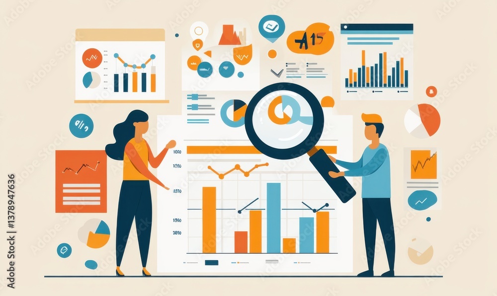 Aufkleber flat vector illustration of business analysis and teamwork with data charts