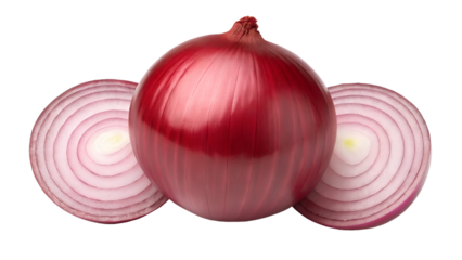 Whole red onion with round slices of red onion showing inside rings sitting next to it