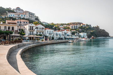 Seaport of the Evdilos village of the island of Ikaria, North Aegean Greece, summer destination, fishing boats and touristic resort