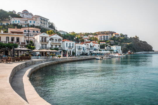 Seaport of the Evdilos village of the island of Ikaria, North Aegean Greece, summer destination, fishing boats and touristic resort